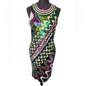 Vintage Adrienne Vittadini Green Pink Sequin Dress